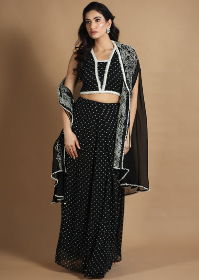 Black Georgette Fusion/Indo-Western Blouse with Matching Pleated Skirt and Long Jacket