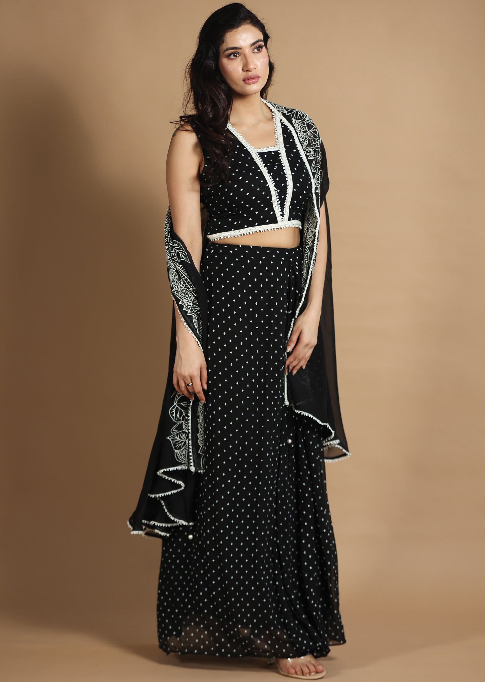 Black Georgette Fusion/Indo-Western Blouse with Matching Pleated Skirt and Long Jacket