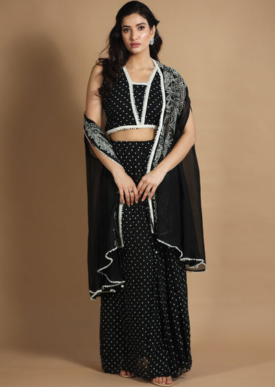 Black Georgette Fusion/Indo-Western Blouse with Matching Pleated Skirt and Long Jacket