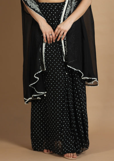 Black Georgette Fusion/Indo-Western Blouse with Matching Pleated Skirt and Long Jacket