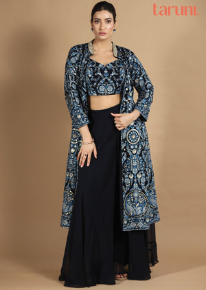 Navy Blue Georgette Fusion Indo-Western Blouse with Matching Palazzo, and Long Jacket