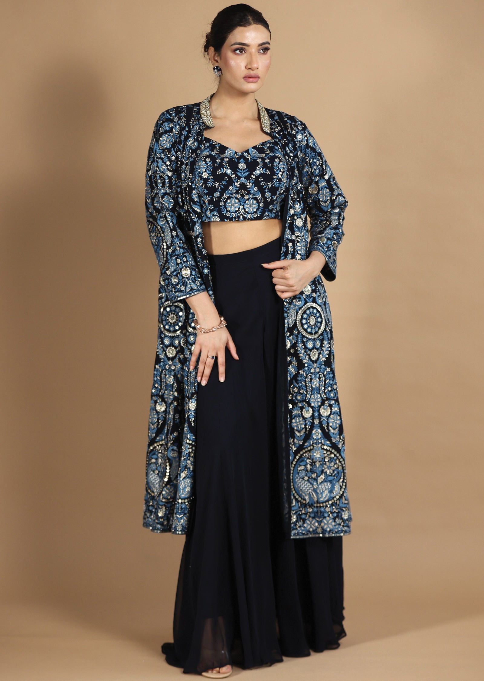 Navy Blue 3-Piece Indo-Western Co-ord Set with Long Jacket