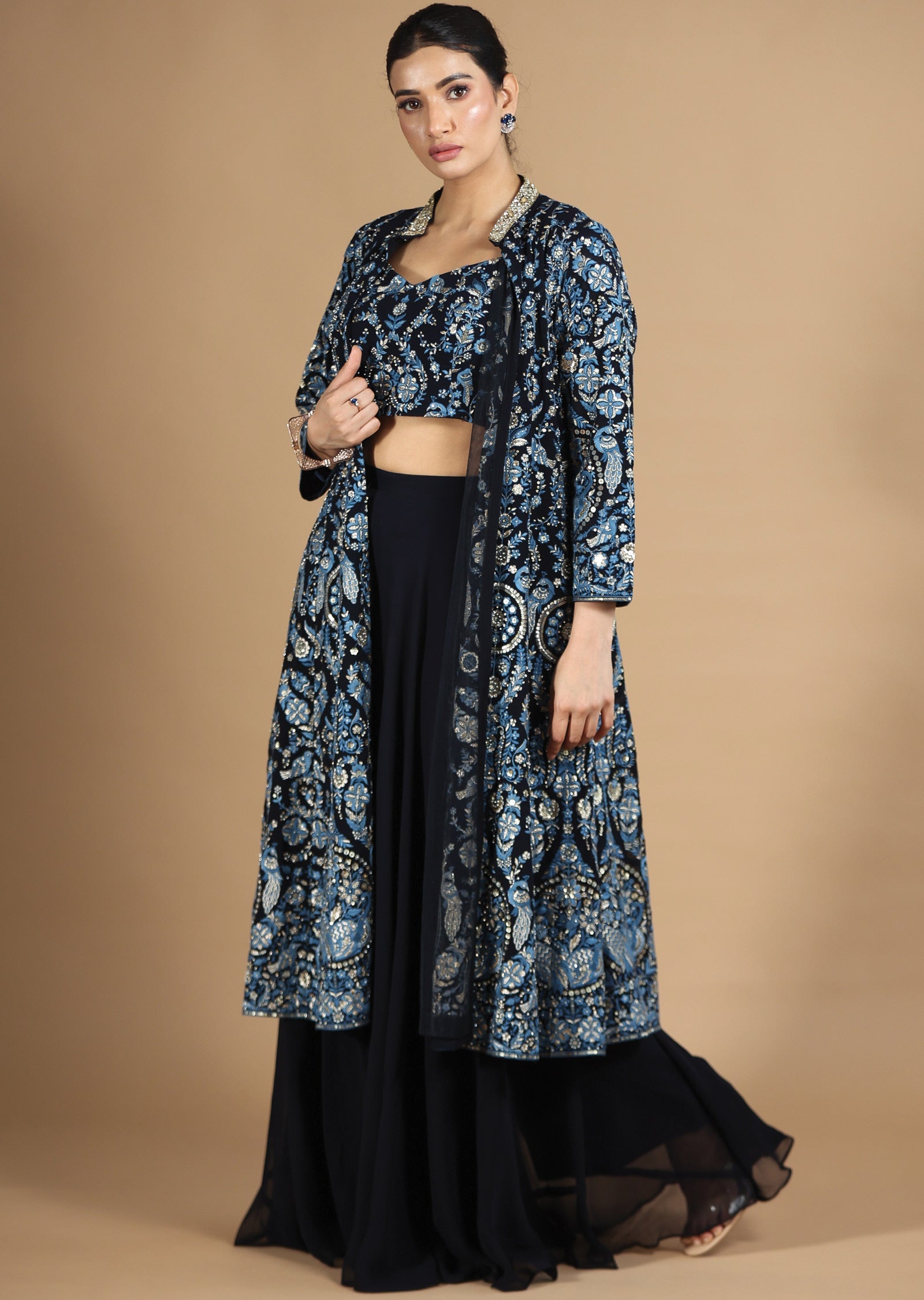 Navy Blue 3-Piece Indo-Western Co-ord Set with Long Jacket