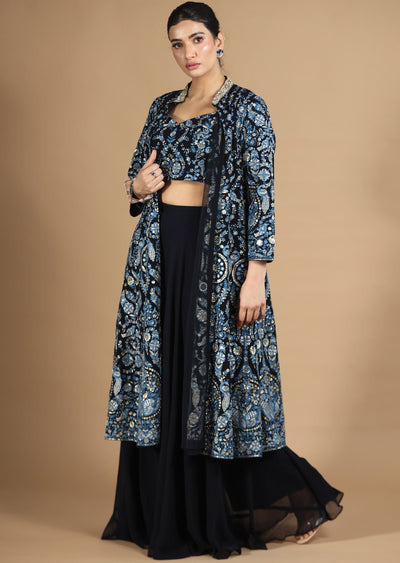 Navy Blue 3-Piece Indo-Western Co-ord Set with Long Jacket