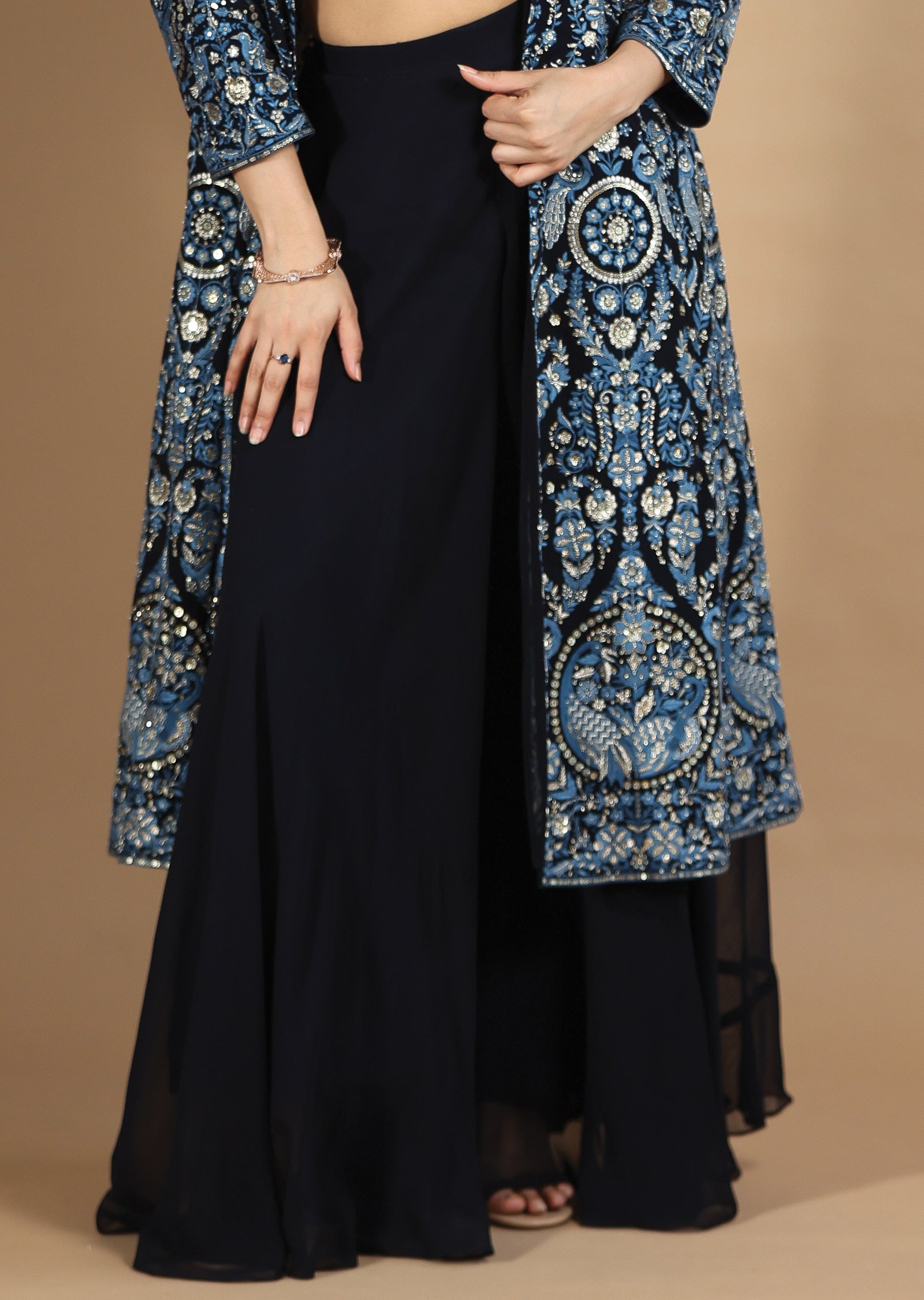 Navy Blue 3-Piece Indo-Western Co-ord Set with Long Jacket