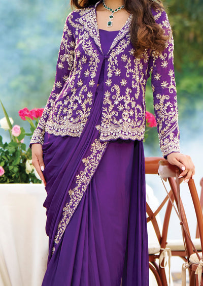 Purple Chinnon Pre-Draped Saree with Full-Sleeve Jacket