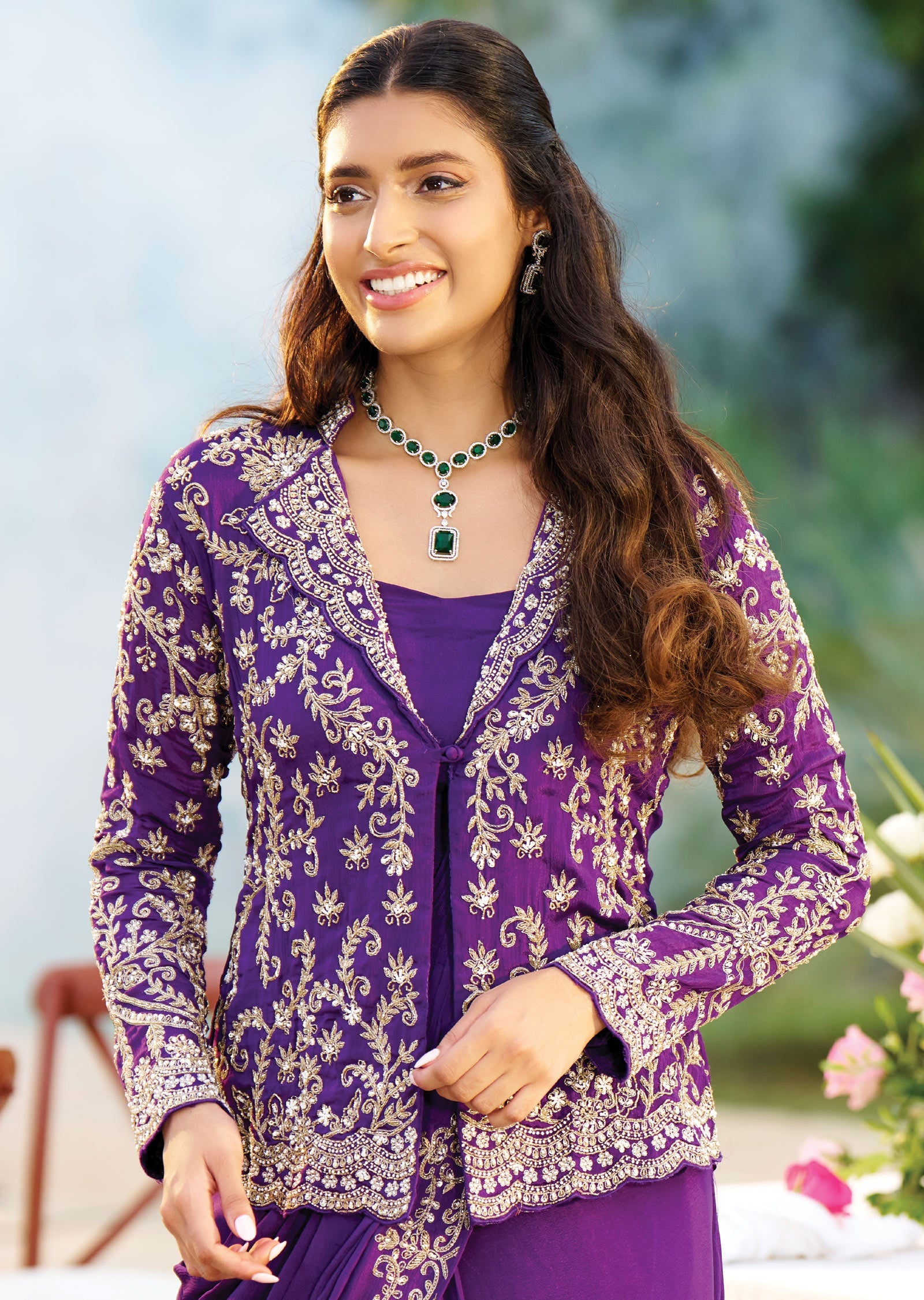 Purple Chinnon Pre-Draped Saree with Full-Sleeve Jacket