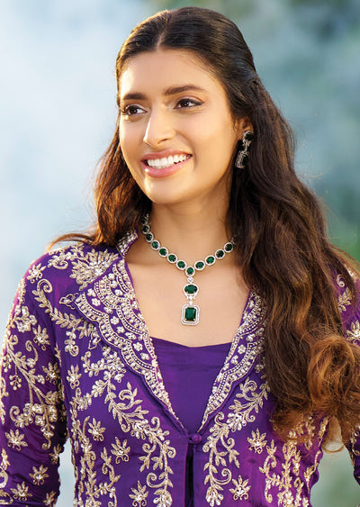 Purple Chinnon Pre-Draped Saree with Full-Sleeve Jacket