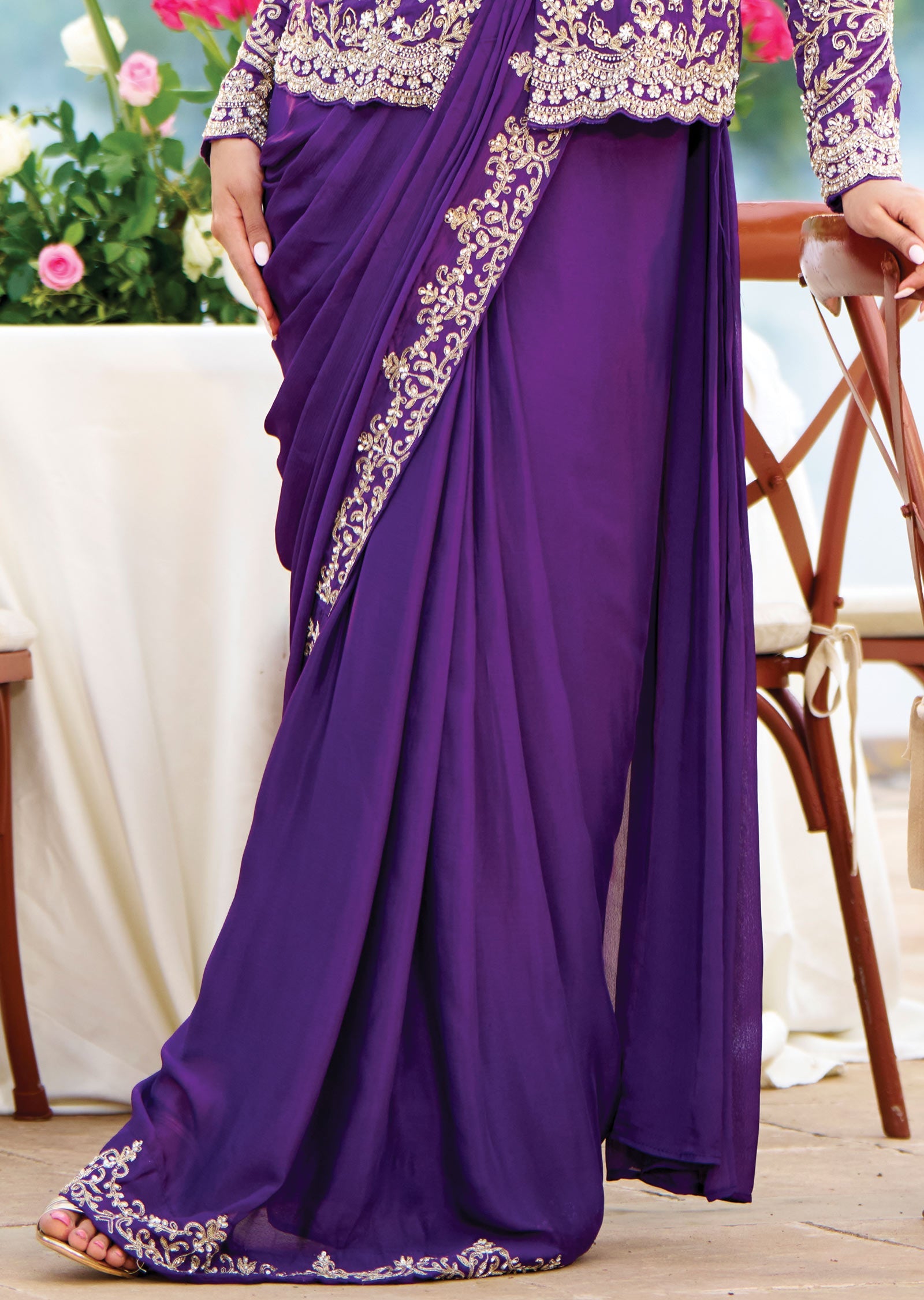 Purple Chinnon Pre-Draped Saree with Full-Sleeve Jacket