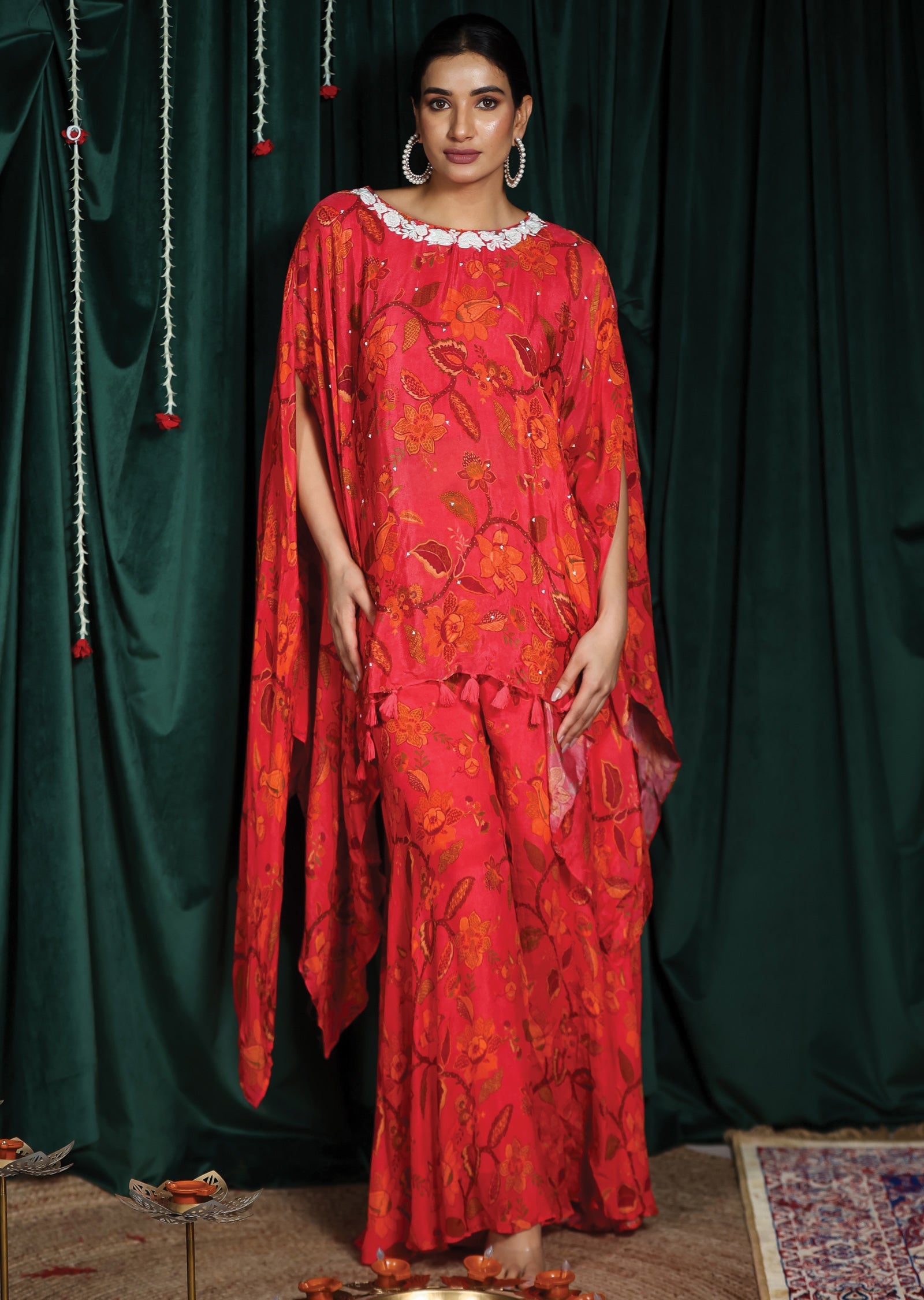 Rani Pink Chinnon Fusion/Indo-Western With Short Kaftan Top and Matching Palazzo