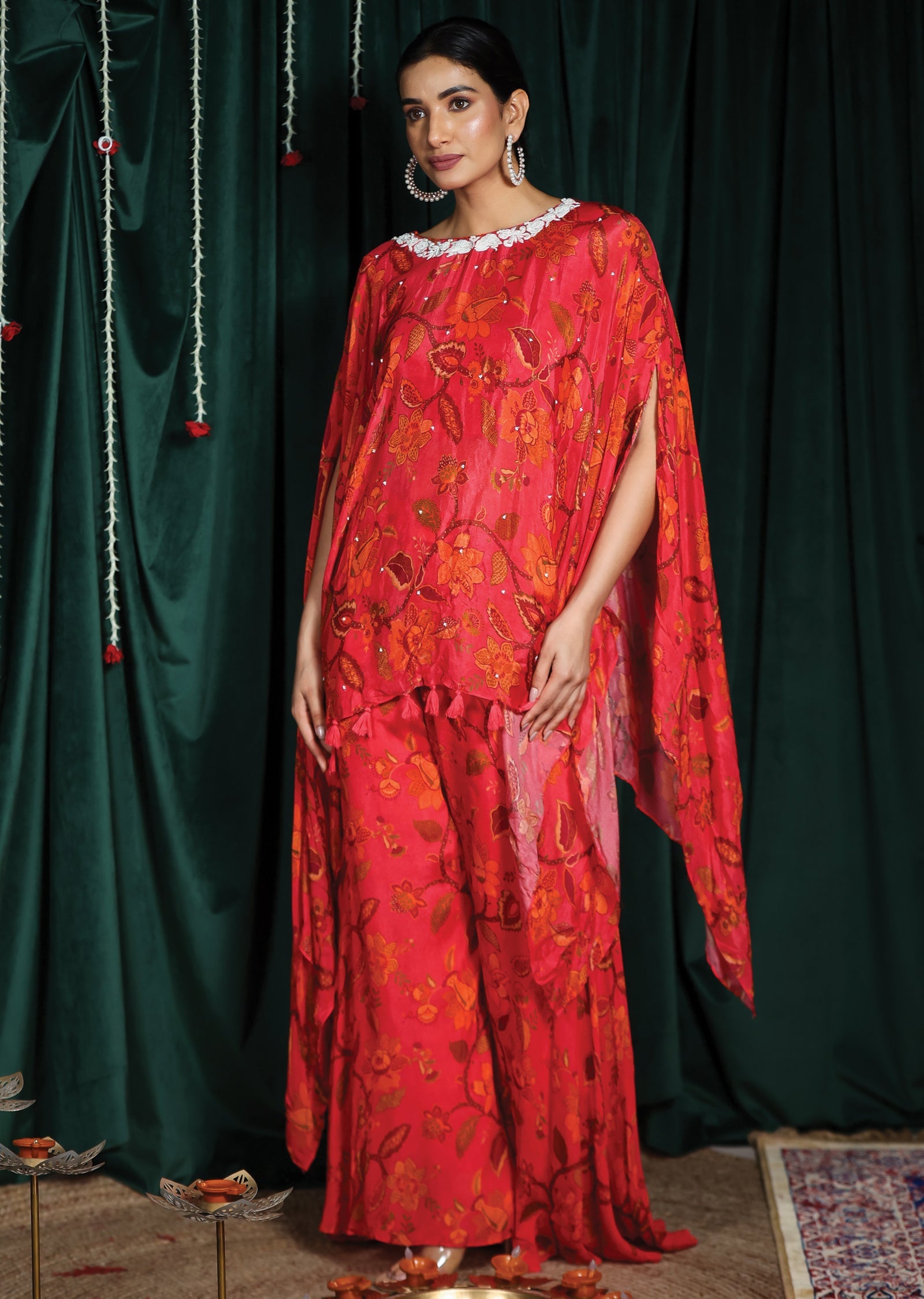 Rani Pink Chinnon Fusion/Indo-Western With Short Kaftan Top and Matching Palazzo