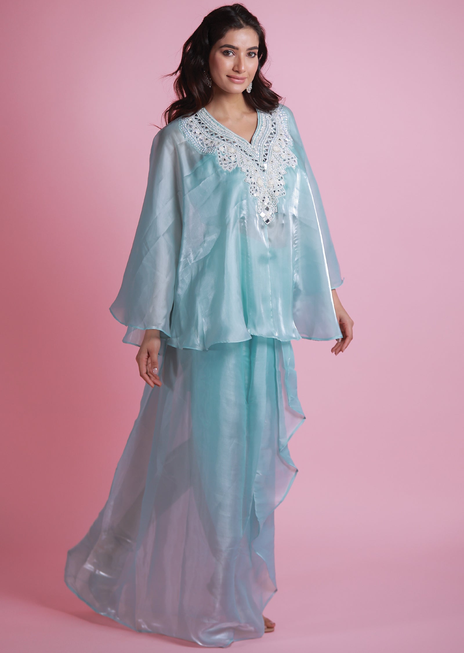 Sea Green Organza Fusion Indo-Western