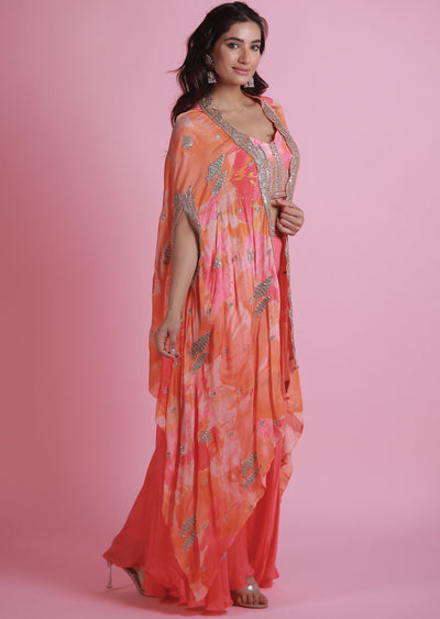 Pink & Orange Chinnon Fusion Indo-Western