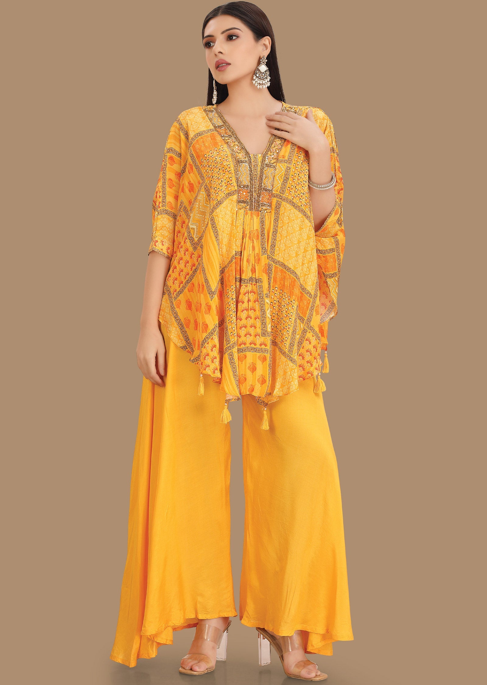 Yellow Crepe Fusion Indo-Western