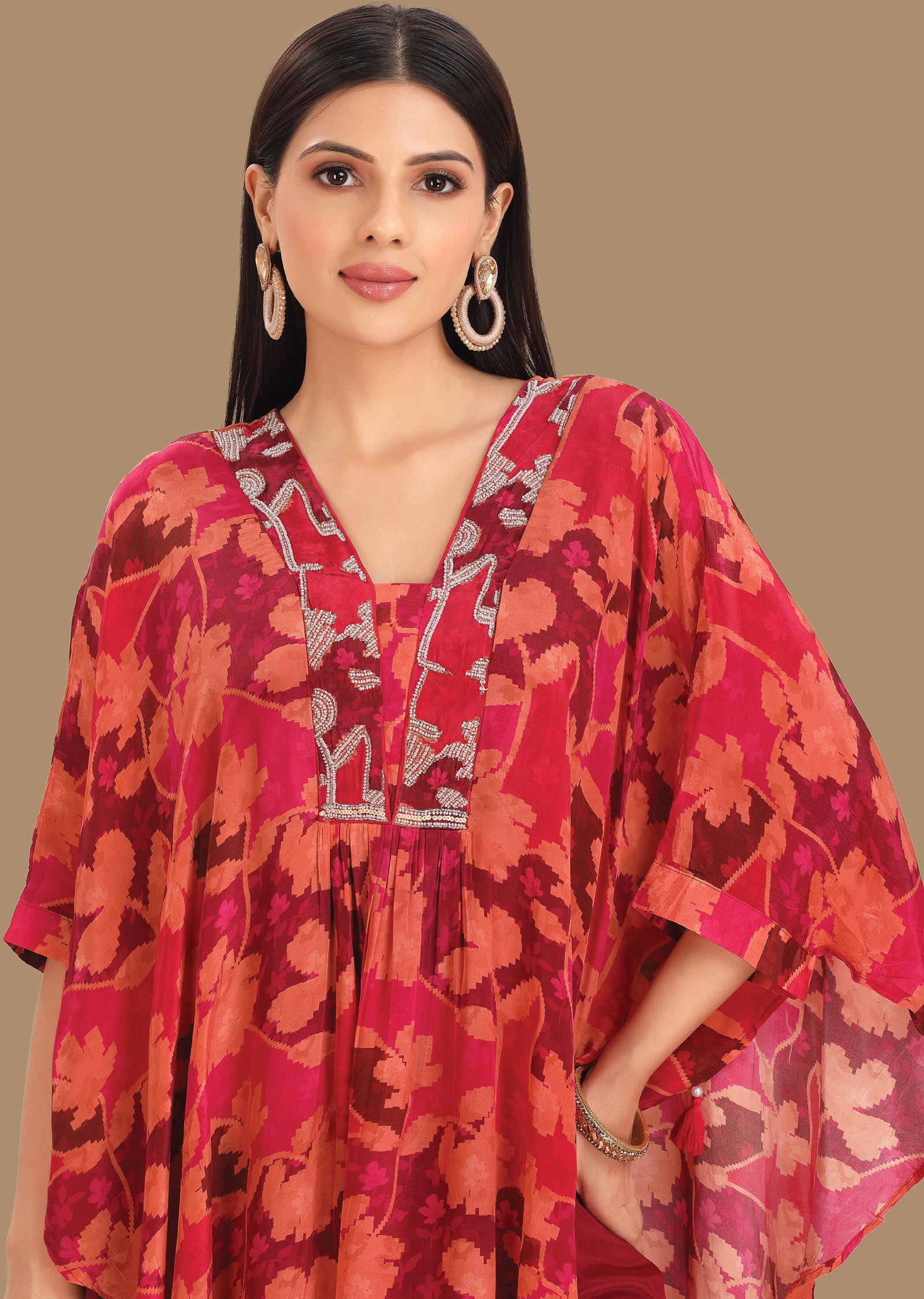 Maroon & Rust Crepe Fusion Indo-Western Kaftan Top and Palazzo Set