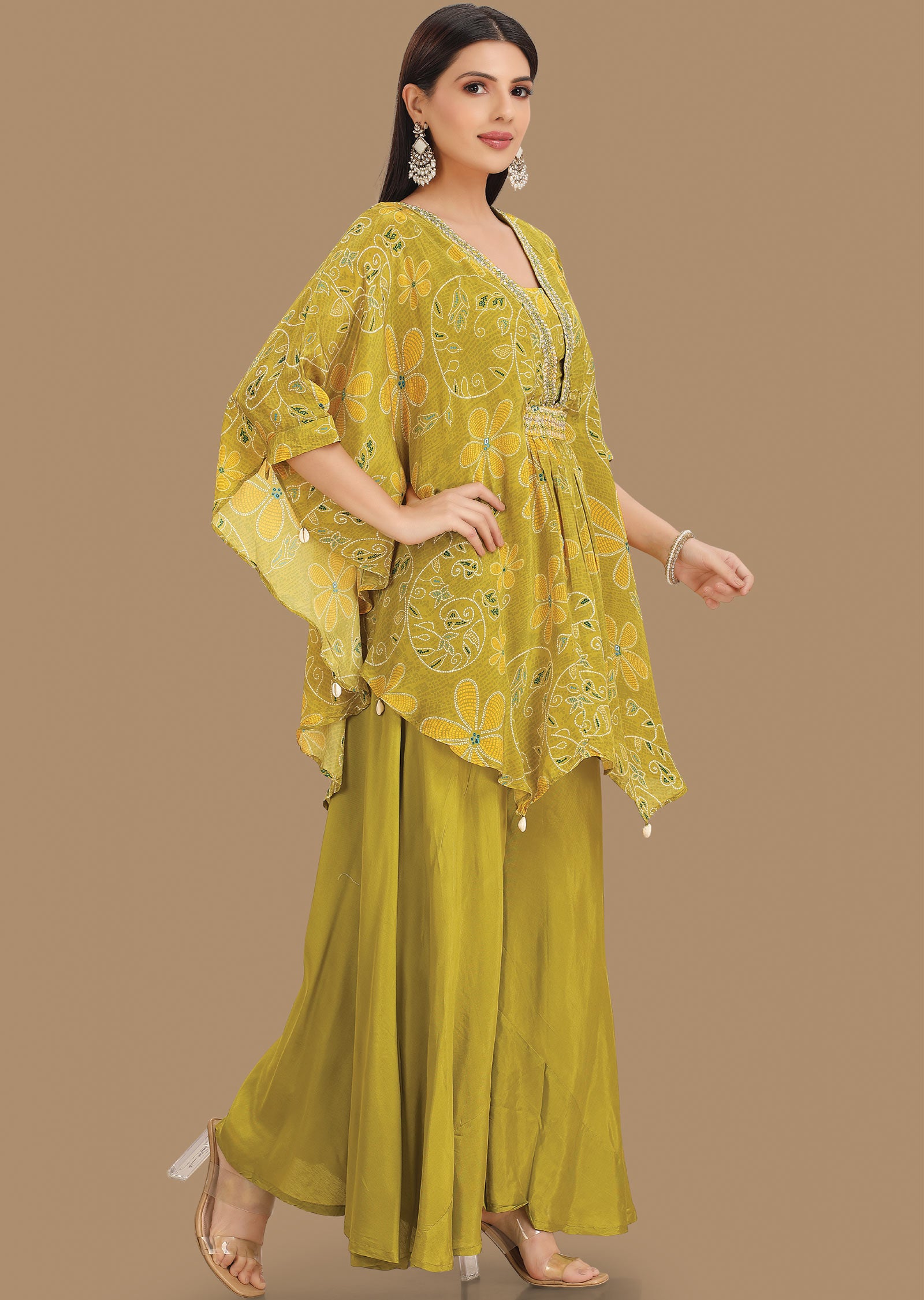 Lime Green Crepe Fusion Indo-Western Kaftan Top and Palazzo Set