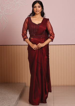 Dark Maroon Net Draped Saree