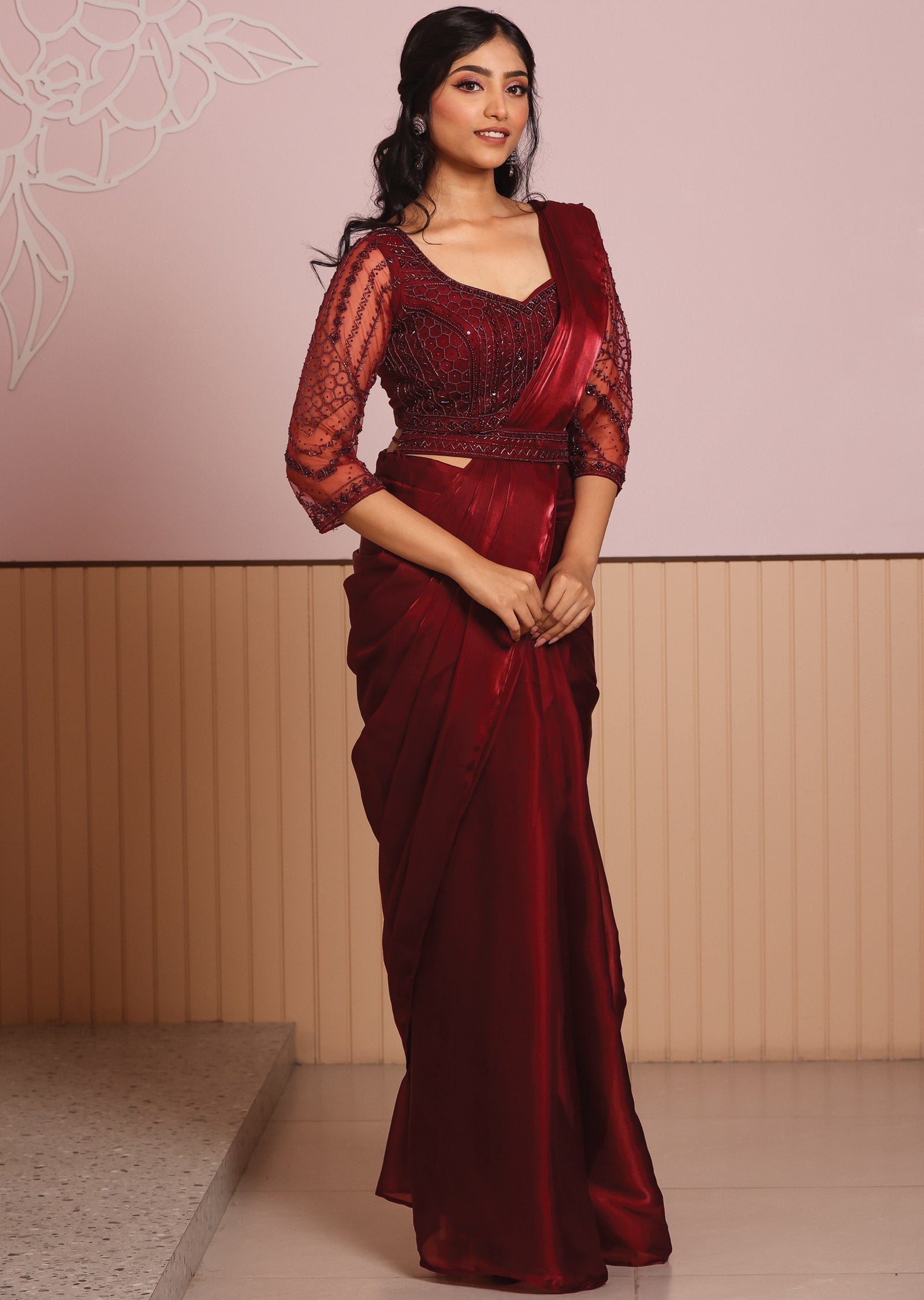 Dark Maroon Net Draped Saree