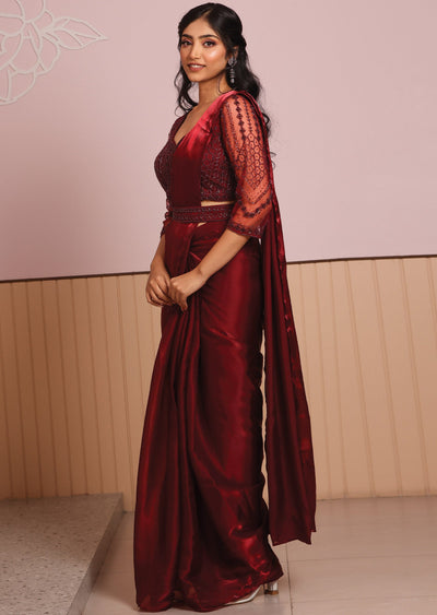 Dark Maroon Net Draped Saree