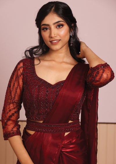 Dark Maroon Net Draped Saree