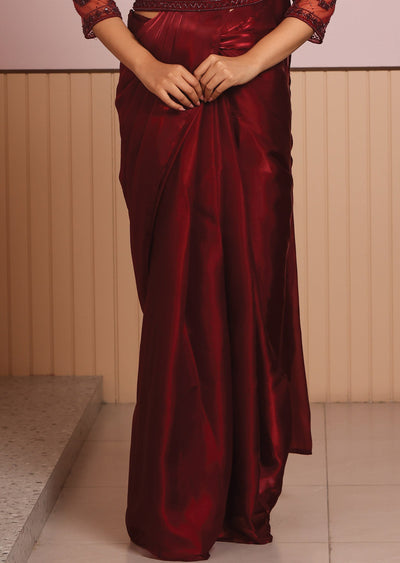 Dark Maroon Net Draped Saree