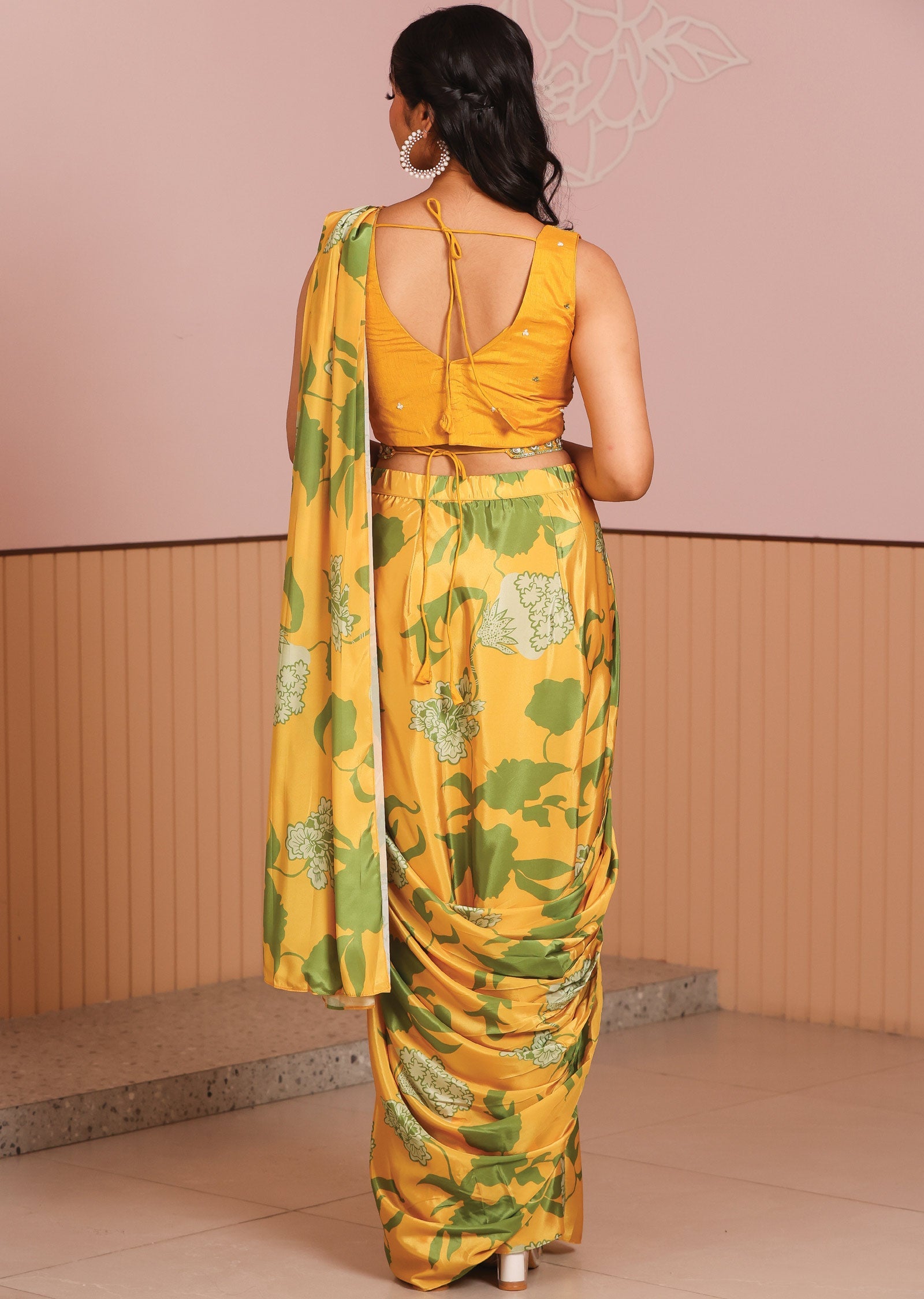 Mustard Silk Draped Skirt Set