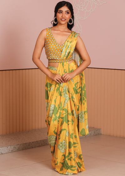 Mustard Silk Draped Skirt Set