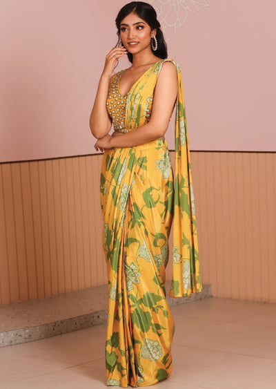 Mustard Silk Draped Skirt Set