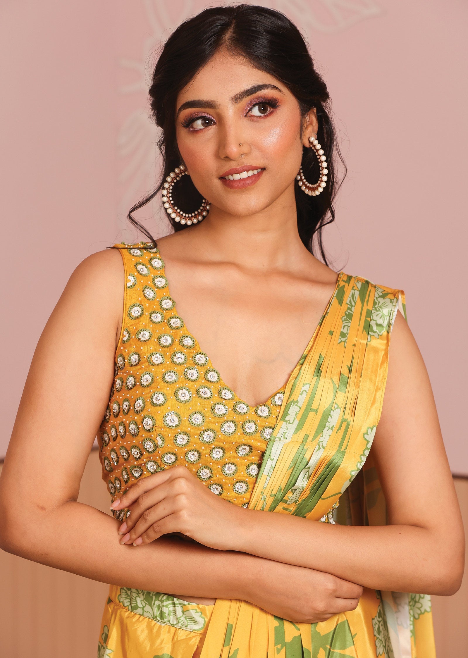 Mustard Silk Draped Skirt Set