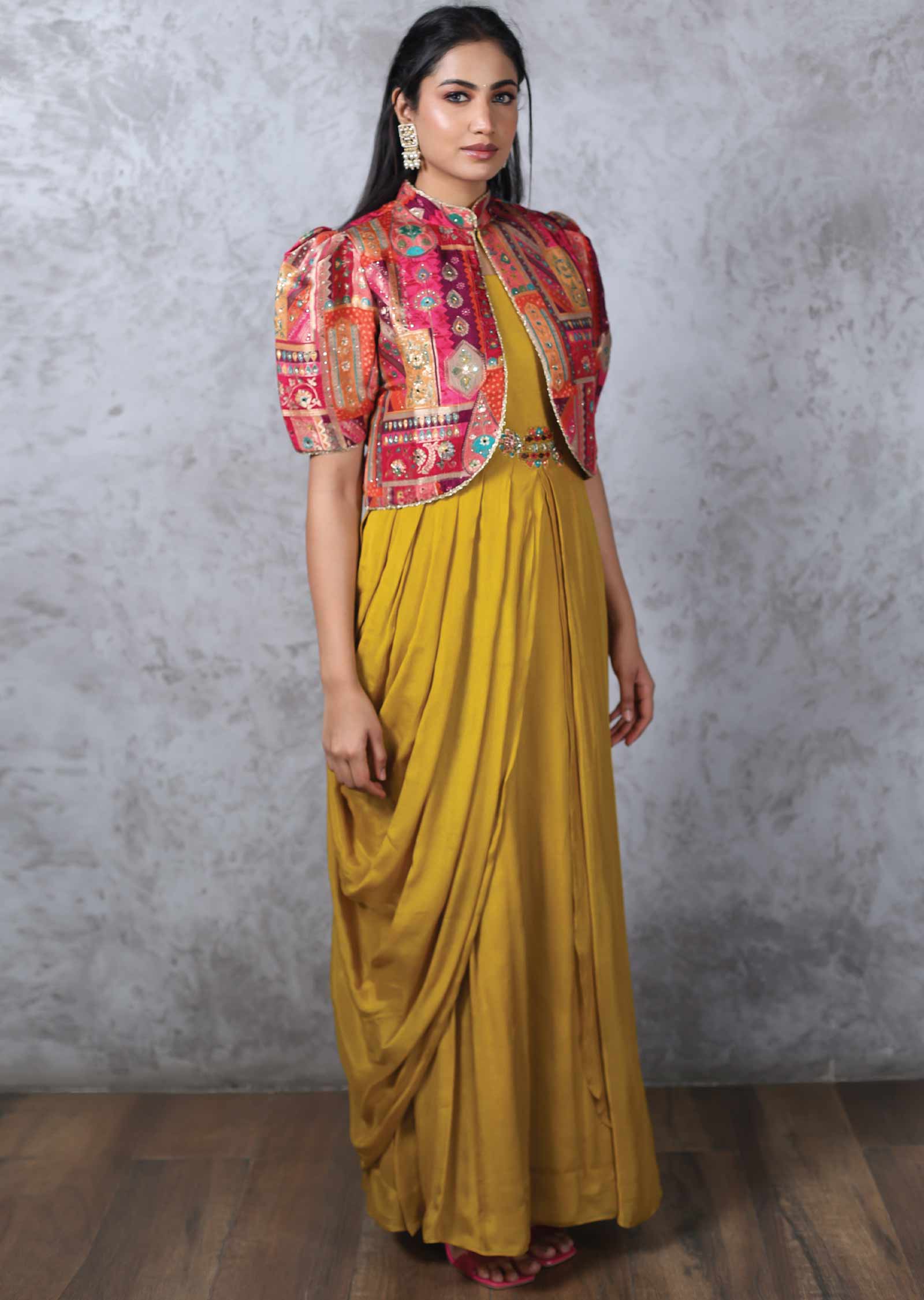 Mustard Chinnon & Banaras Gown