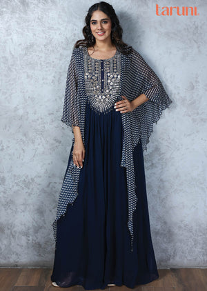 Navy Blue Georgette Embroidered Gown