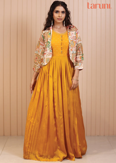 Mustard Chinnon Mirror & Resham Work Gown