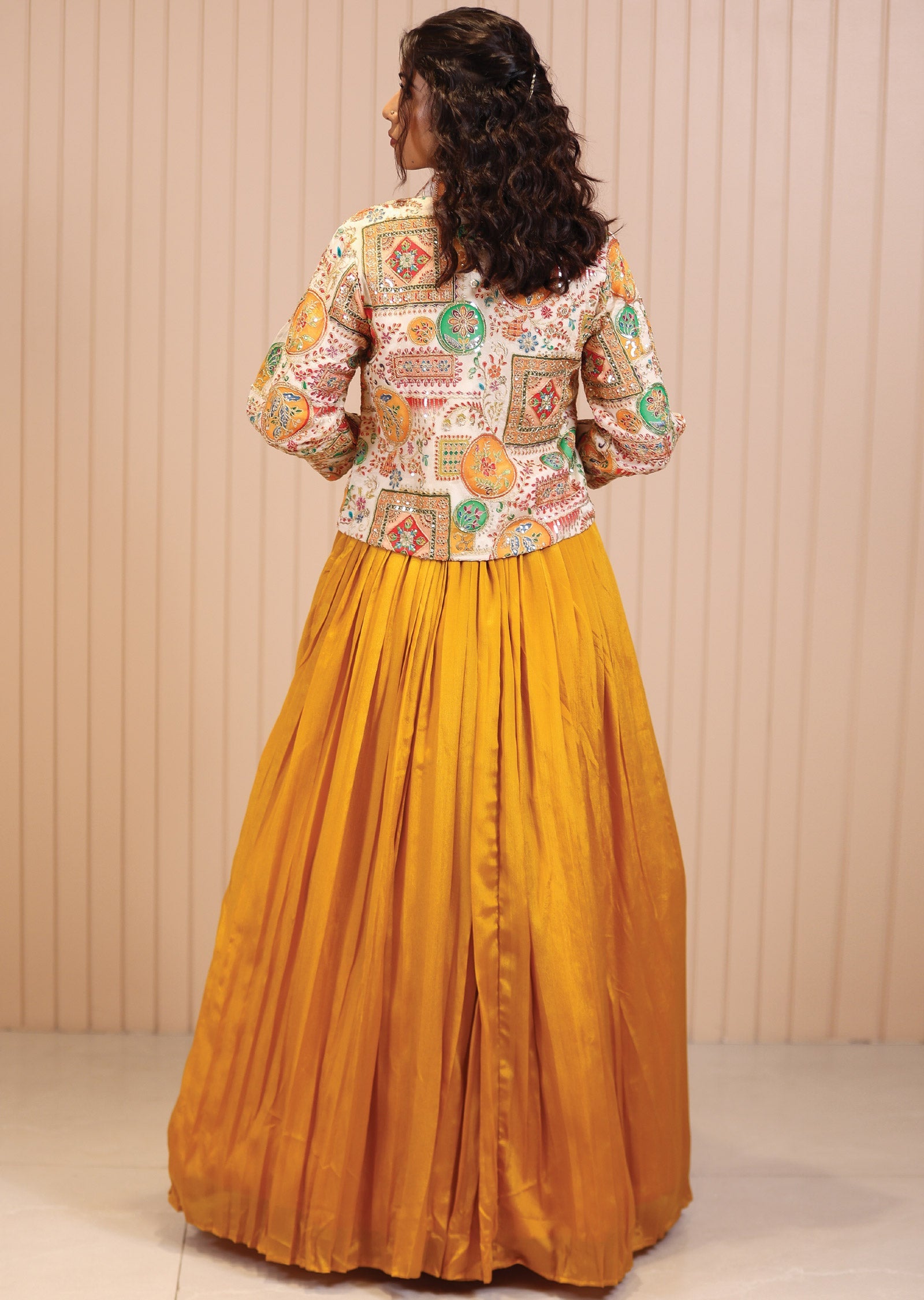 Mustard Chinnon Mirror & Resham Work Gown