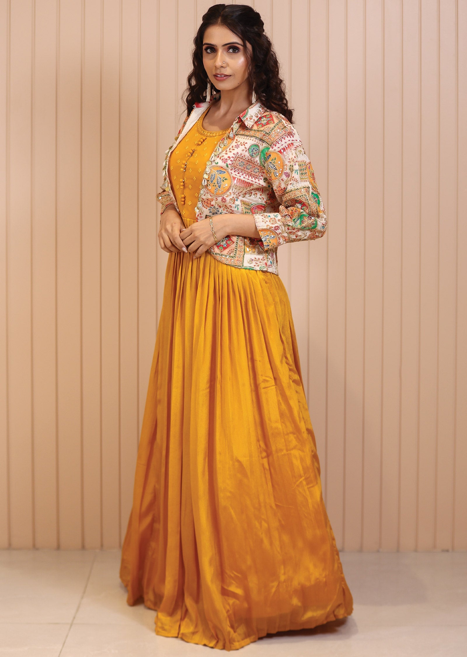 Mustard Chinnon Mirror & Resham Work Gown