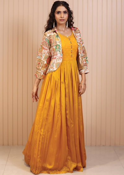 Mustard Chinnon Mirror & Resham Work Gown