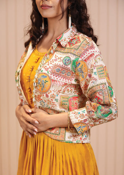 Mustard Chinnon Mirror & Resham Work Gown