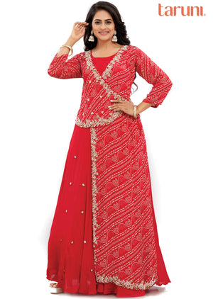 Red Chinnon Indo-Western Angrakha Style Gown