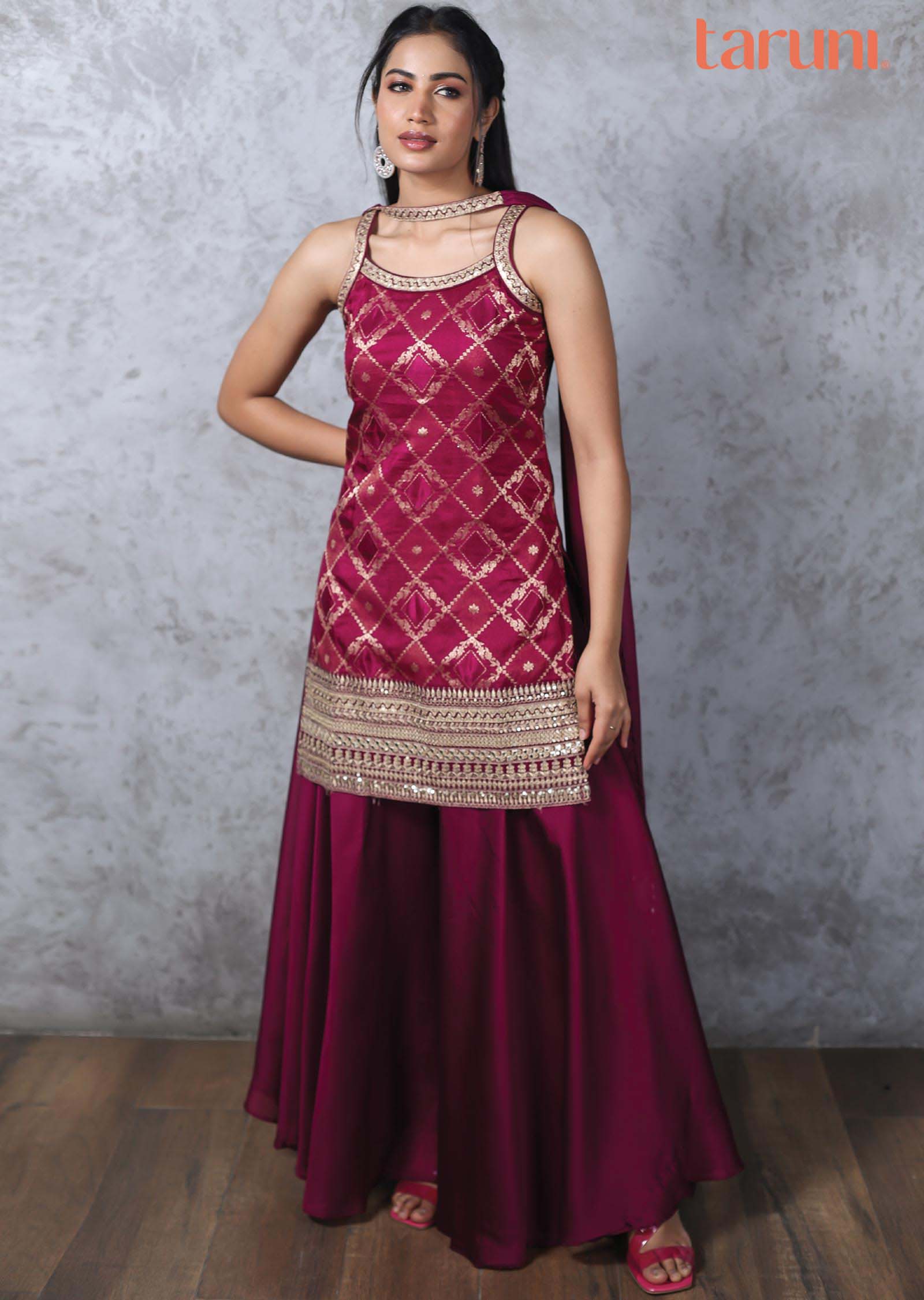 Magenta Banaras & Chiffon Embroidered Shararas/Ghararas