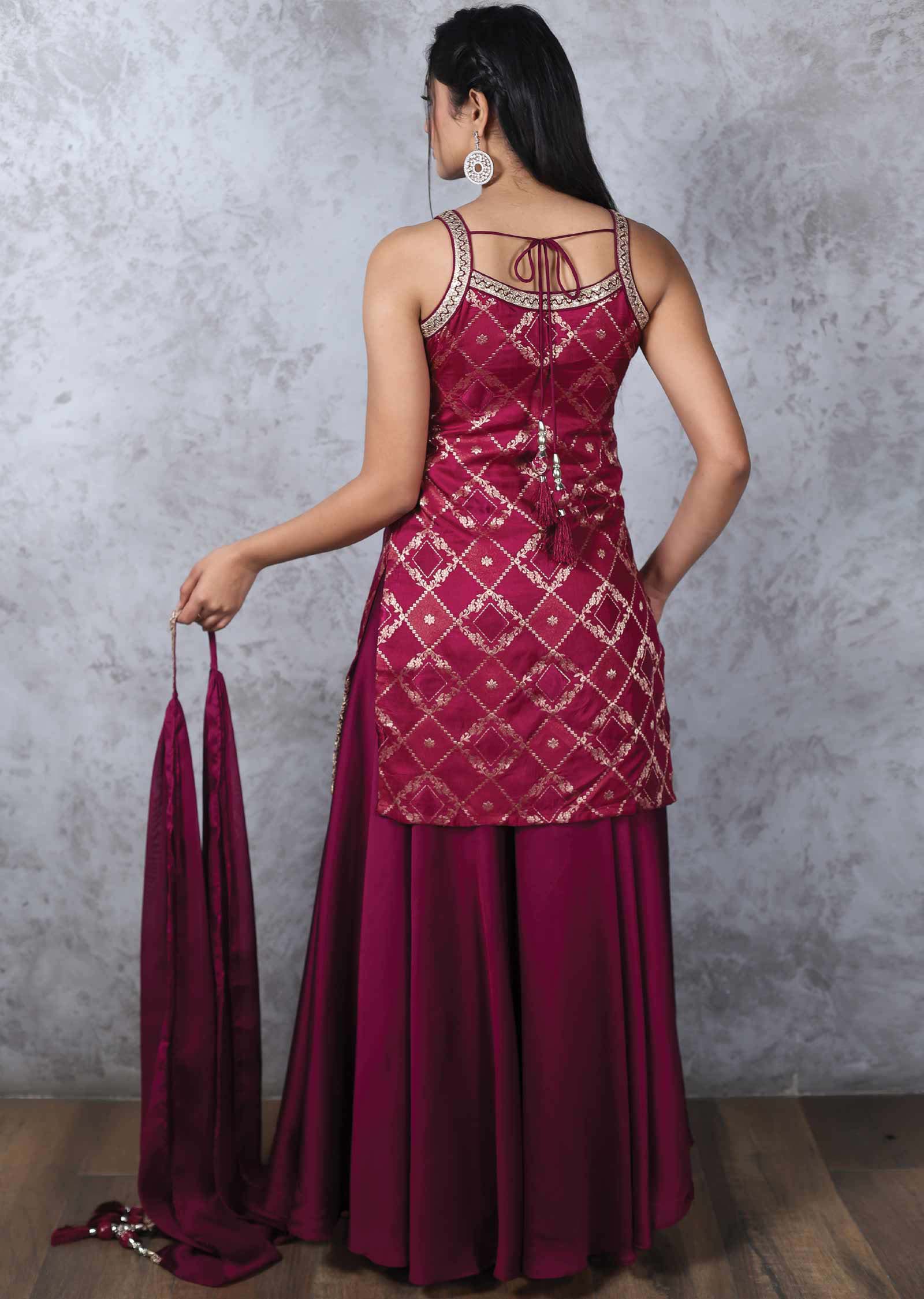 Magenta Banaras & Chiffon Embroidered Shararas/Ghararas