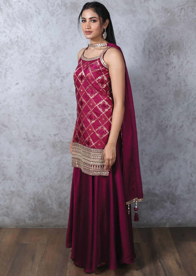 Magenta Banaras & Chiffon Embroidered Shararas/Ghararas