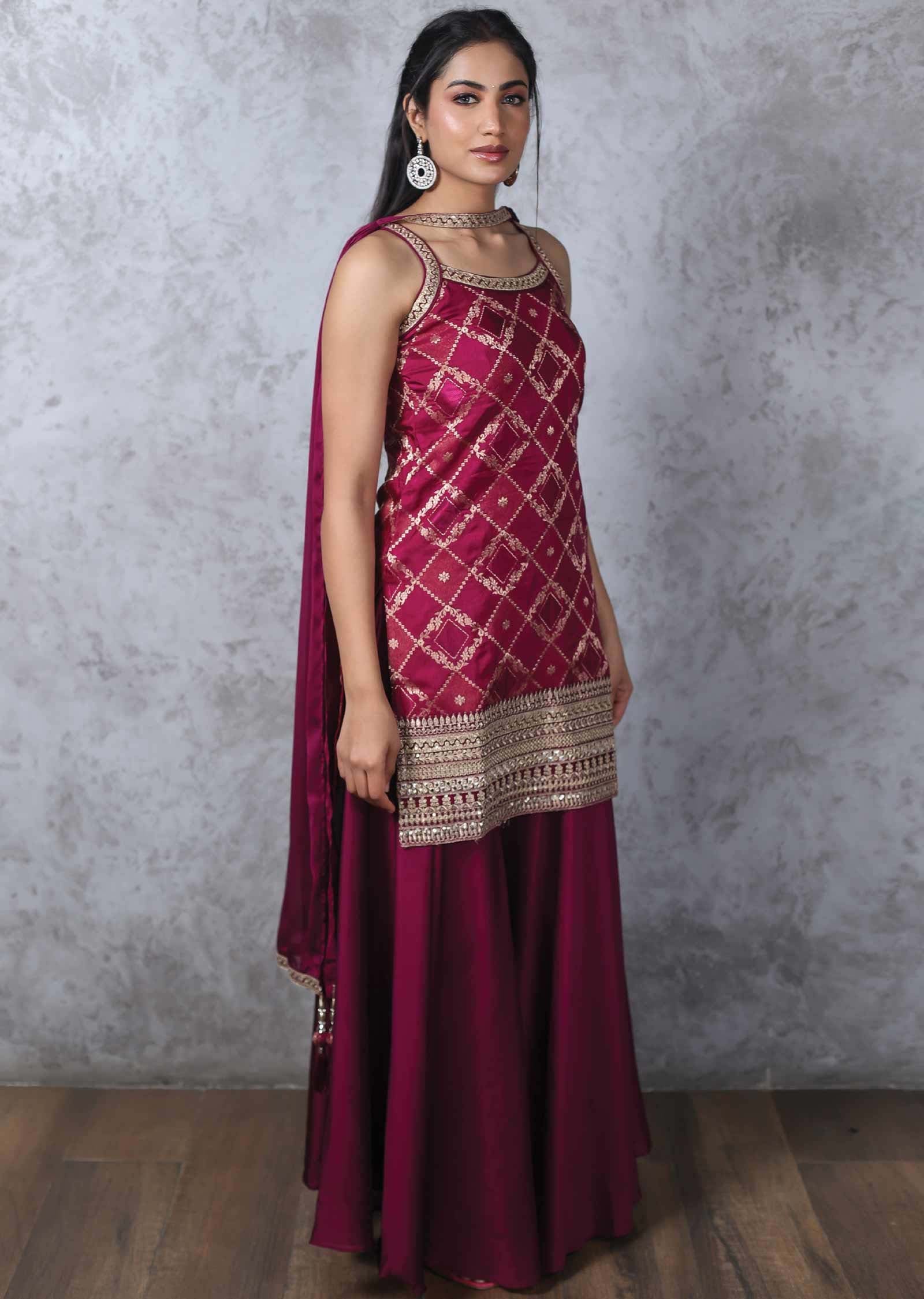 Magenta Banaras & Chiffon Embroidered Shararas/Ghararas