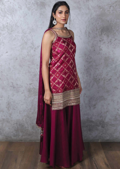 Magenta Banaras & Chiffon Embroidered Shararas/Ghararas