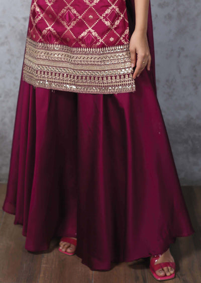 Magenta Banaras & Chiffon Embroidered Shararas/Ghararas