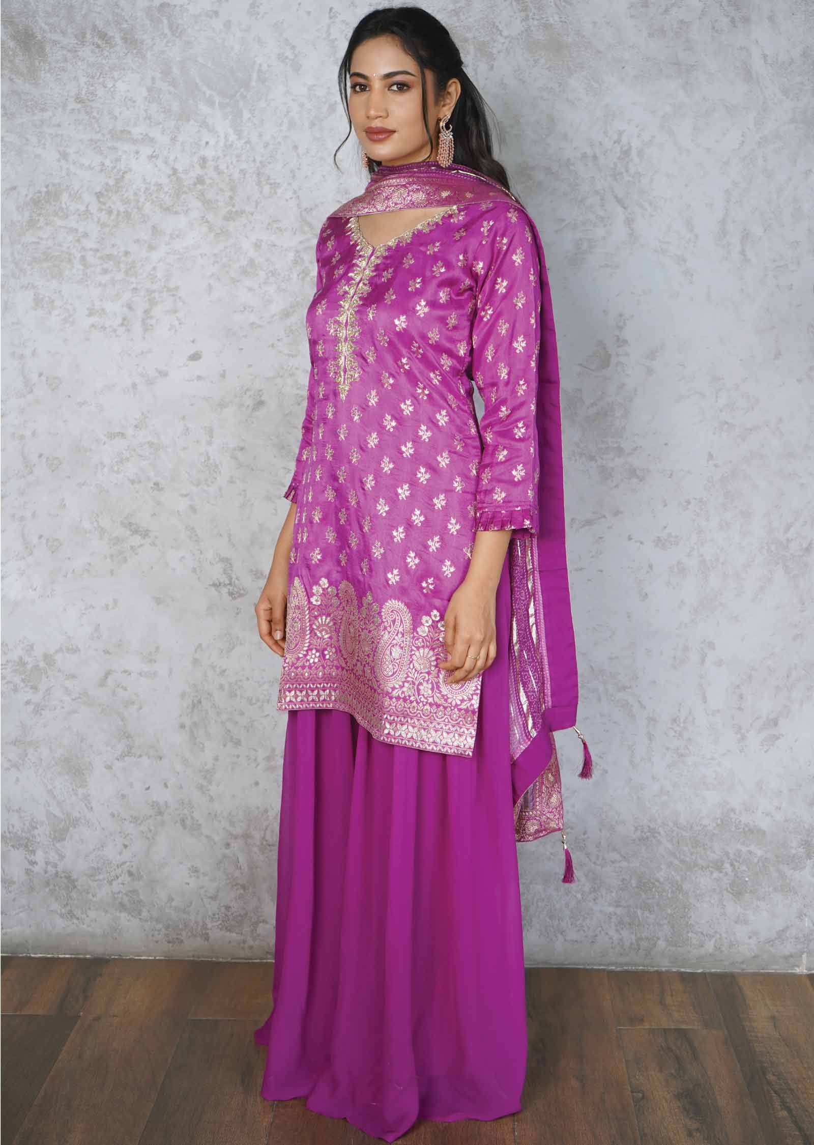 Light Purple Banaras Zardosi & Embroidered Shararas/Ghararas