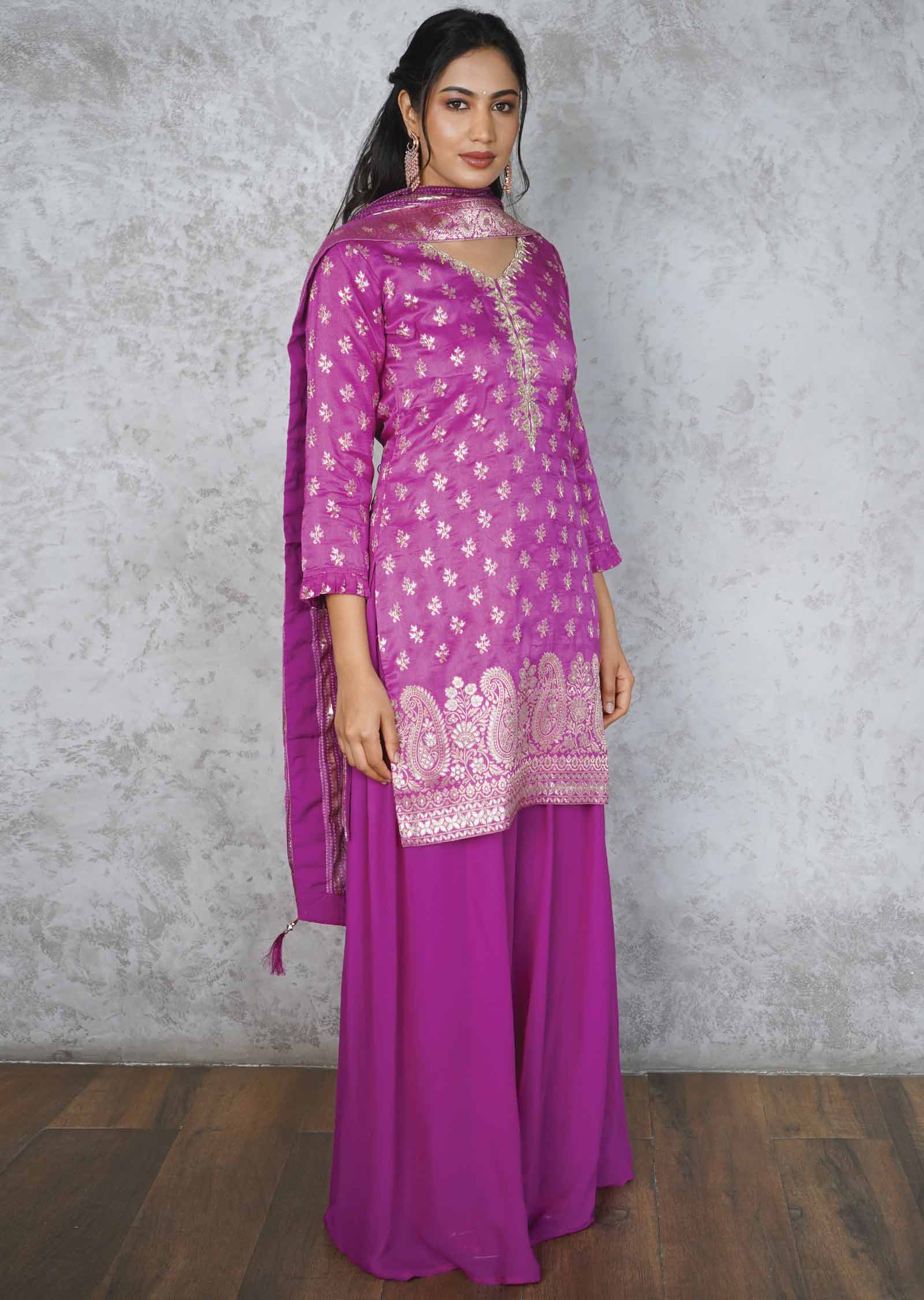 Light Purple Banaras Zardosi & Embroidered Shararas/Ghararas