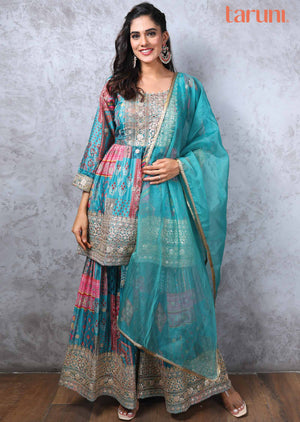 Rama Green Chinnon Embroidered Shararas/Ghararas