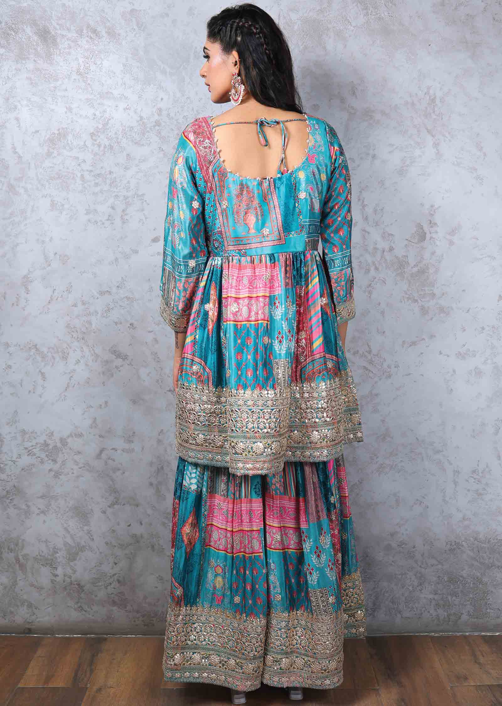 Rama Green Chinnon Embroidered Shararas/Ghararas