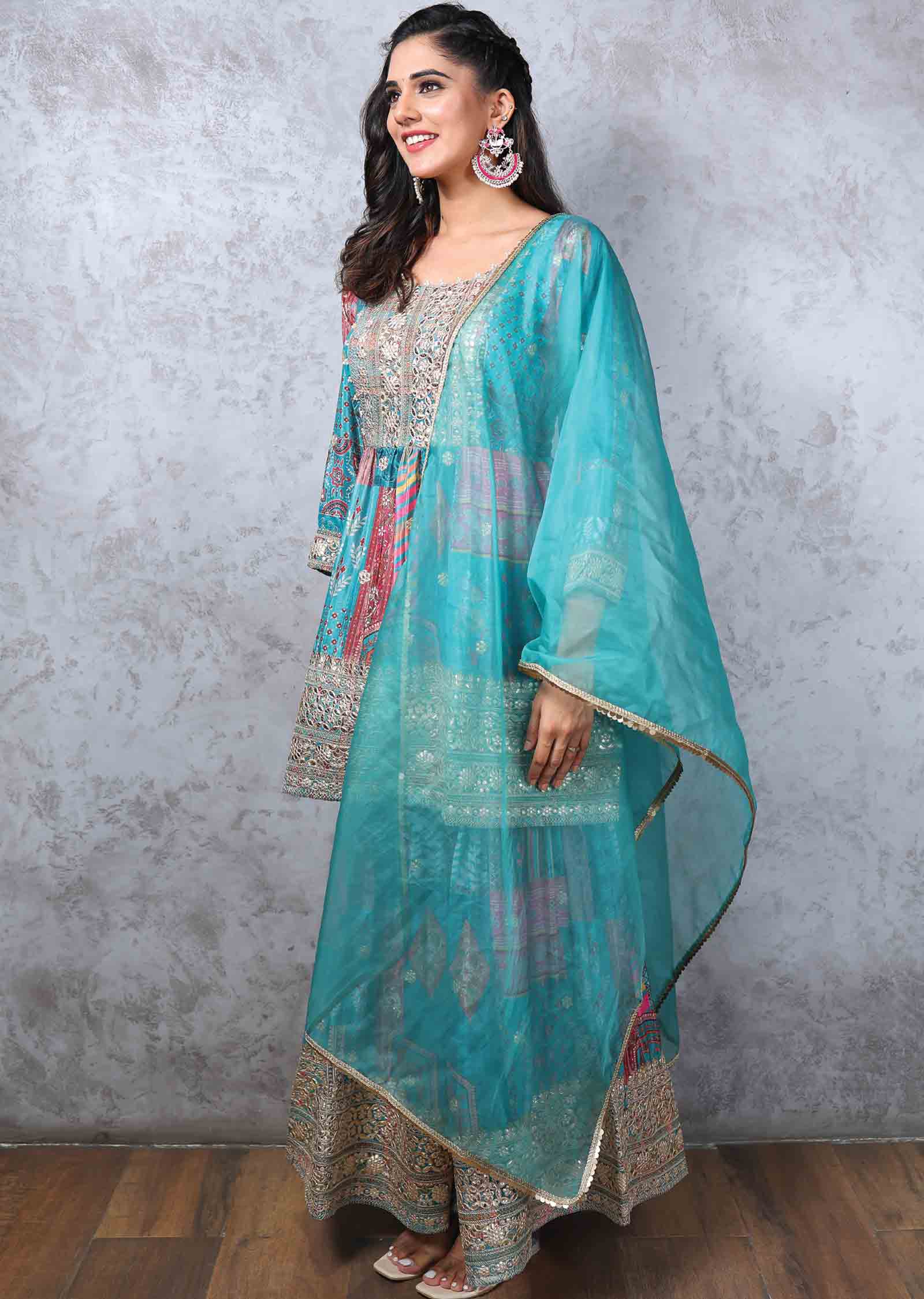 Rama Green Chinnon Embroidered Shararas/Ghararas