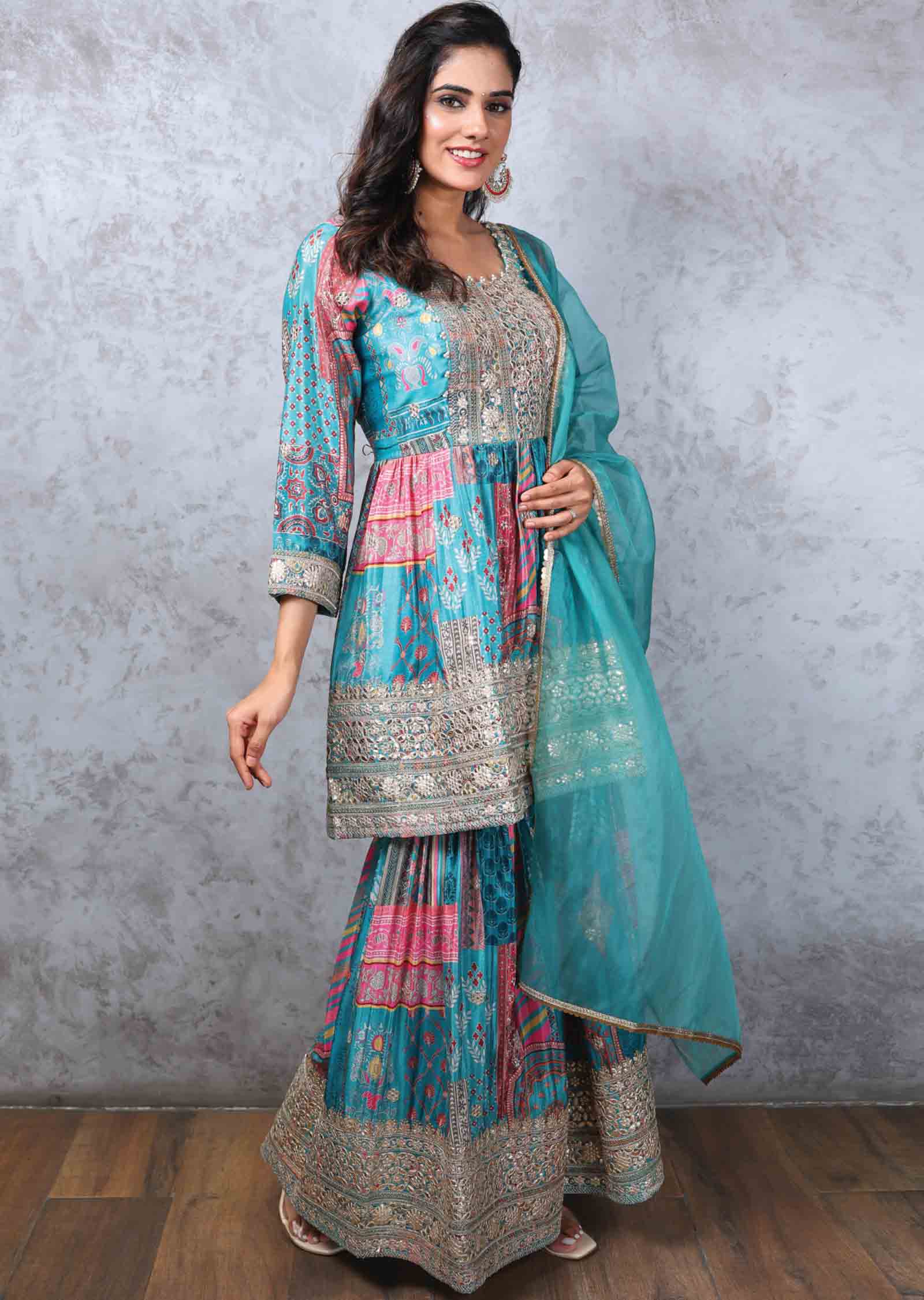 Rama Green Chinnon Embroidered Shararas/Ghararas