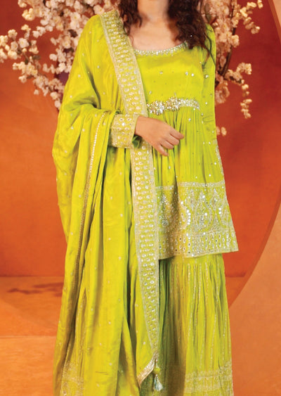 Mehndi Green Chinnon Shararas/Ghararas